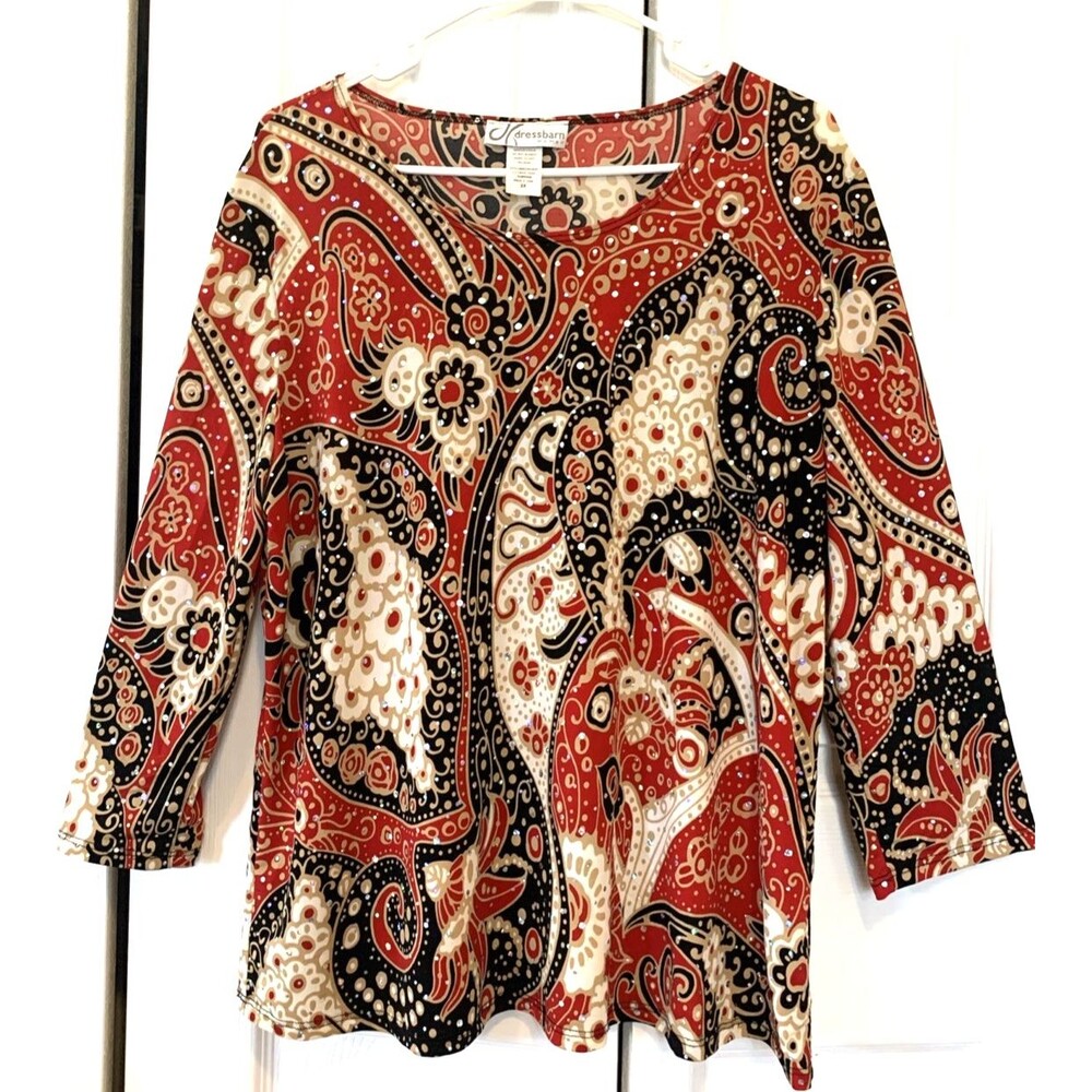 Dressbarn Jersey Blouse Womens 2x Red/Black Paisley Print w/Glitter Stretchy Y2K